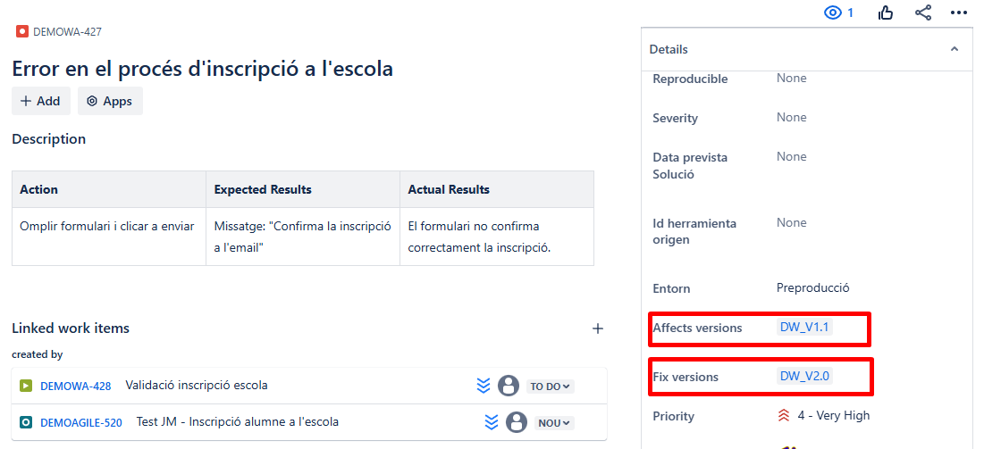 Exemple fix versions i affect versions dins d'un defecte