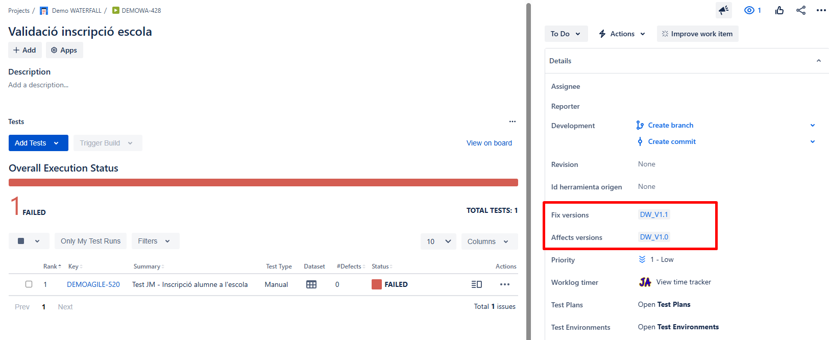 Exemple fix versions i affect versions dins de text execution
