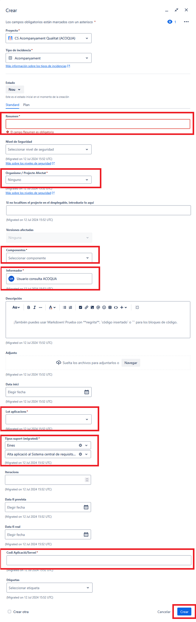 captura JIRA desplegable